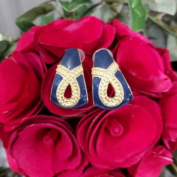 Vintage 80s Statement Earring Navy Blue Gold Rope Jackie O - Picture 3 of 4